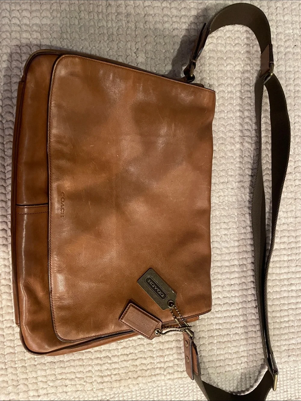 Coach Tan Brown Leather Messenger Bag with Dark Brown Strap